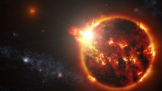 Künstlerische Darstellung eines roten Zwergsterns im Doppelsternsystem DG CVn. Der Stern entfesselte eine Reihe starker Flares, die von dem NASA-Satelliten Swift beobachtet wurden. (NASA / Goddard Space Flight Center / S. Wiessinger)
