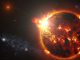 Künstlerische Darstellung eines roten Zwergsterns im Doppelsternsystem DG CVn. Der Stern entfesselte eine Reihe starker Flares, die von dem NASA-Satelliten Swift beobachtet wurden. (NASA / Goddard Space Flight Center / S. Wiessinger)