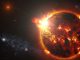 Künstlerische Darstellung eines roten Zwergsterns im Doppelsternsystem DG CVn. Der Stern entfesselte eine Reihe starker Flares, die von dem NASA-Satelliten Swift beobachtet wurden. (NASA / Goddard Space Flight Center / S. Wiessinger)