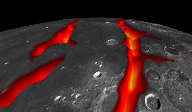 Ein Blick über Oceanus Procellarum in Richtung Süden. Das Bild zeigt, wie die westlichen Grenzstrukturen in ihrer aktiven Zeit ausgesehen haben könnten. (NASA / Colorado School of Mines / MIT / JPL / GSFC) Ein Blick über Oceanus Procellarum in Richtung Süden. Das Bild zeigt, wie die westlichen Grenzstrukturen in ihrer aktiven Zeit ausgesehen haben könnten. (NASA / Colorado School of Mines / MIT / JPL / GSFC)