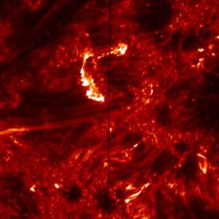 Diese IRIS-Aufnahme zeigt Emissionen von heißem Plasma in der Übergangsregion zwischen der Sonnenoberfläche und der äußeren Korona. Die helle, C-förmige Struktur oberhalb der Bildmitte stellt eine Aufhellung in den Ausgangspunkten heißer koronaler Bögen dar, verursacht durch hochenergetische Elektronen. Die Elektronen werden von Nanoflares beschleunigt. Die Auflösung liegt bei 120 Kilometern pro Pixel. (NASA / IRIS)