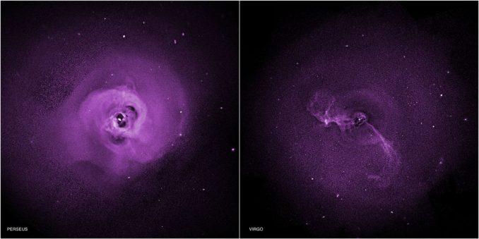 Diese beiden Chandra-Aufnahmen zeigen Turbulenzen im Perseus-Galaxienhaufen (links) und im Virgo-Galaxienhaufen (rechts). (NASA / CXC / Stanford / I.Zhuravleva et al)