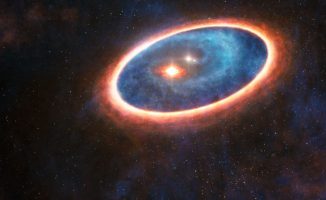 Künstlerische Darstellung der Gas- und Staubstrukturen um das Doppelsternsystem GG Tau-A. Forscher haben in der Region zwischen den beiden Scheiben Gasknoten registriert. Die äußere Scheibe versorgt die innere mit Materie, wodurch die Entstehung von Planeten möglich wäre. (ESO / L.Calçada, ALMA (ESO / NAOJ / NRAO))