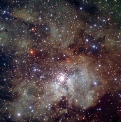 Ein Bild der Sternentstehungsregion NGC 3603, wo sich in den ausgedehnten Staub- und Gaswolken des Nebels zahlreiche neue Sterne bilden. (ESO)