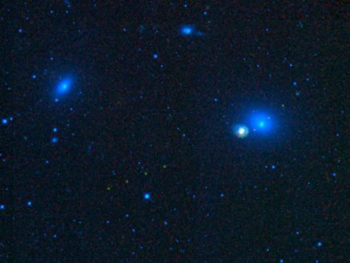 Ein kleiner Ausschnitt des Virgo-Galaxienhaufens im Sternbild Jungfrau, aufgenommen vom Weltraumteleskop WISE. Die grünlichen Punkte sind Spuren von Asteroiden in unserem Sonnensystem, deren Bewegungen sich vor dem fernen Hintergrund abzeichnen. (NASA / JPL-Caltech / UCLA)