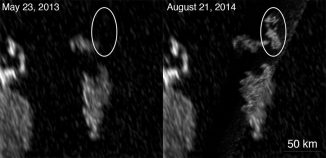 Das Radarinstrument an Bord von Cassini offenbarte bei einem Vorbeiflug am 21. August 2014 neue, helle Strukturen in Titans größtem See, Kraken Mare. Im Mai 2013 waren sie noch nicht vorhanden. (NASA / JPL-Caltech / ASI / Cornell)