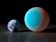 Diese künstlerische Darstellung zeigt einen Vergleich zwischen der Erde (links) und der Supererde 55 Cancri e (rechts). Erstmals haben Forscher einen Transit dieses Exoplaneten von der Erdoberfläche aus beobachtet. (NASA / JPL)