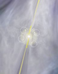 Künstlerische Darstellung der Zentralregion von NGC 1266 nahe ihres zentralen Schwarzen Lochs. Die Bewegungen der Jets und des Gases (gelb und weiß) sind gekennzeichnet. Die großräumigen Gasbewegungen erzeugen Turbulenzen in kleineren Maßstäben, die die Entstehung von Sternen verhindern. (B. Saxton (NRAO / AUI / NSF))