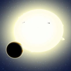 Illustration des neu entdeckten Planeten HIP 116454b vor seinem Zentralstern. Kepler entdeckte den Transit des Planeten im Rahmen seiner zweiten Mission K2. (David A. Aguilar (CfA))