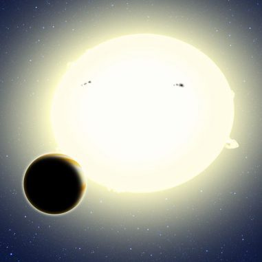 Illustration des neu entdeckten Planeten HIP 116454b vor seinem Zentralstern. Kepler entdeckte den Transit des Planeten im Rahmen seiner zweiten Mission K2. (David A. Aguilar (CfA)) Illustration des neu entdeckten Planeten HIP 116454b vor seinem Zentralstern. Kepler entdeckte den Transit des Planeten im Rahmen seiner zweiten Mission K2. (David A. Aguilar (CfA))