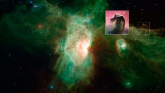 Der berühmte Pferdekopfnebel sieht im sichtbaren Bereich des elektromagnetischen Spektrums (kleines Bild) ganz anders aus als im Infrarotbereich (großes Bild). (NASA / JPL-Caltech / ESO)