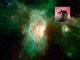 Der berühmte Pferdekopfnebel sieht im sichtbaren Bereich des elektromagnetischen Spektrums (kleines Bild) ganz anders aus als im Infrarotbereich (großes Bild). (NASA / JPL-Caltech / ESO)