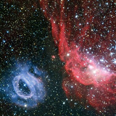 Diese Aufnahme von NGC 2020 (links) und NGC 2014 (rechts) in der Großen Magellanschen Wolke wurde vom Very Large Telescope in Chile gemacht. (ESO) Diese Aufnahme von NGC 2020 (links) und NGC 2014 (rechts) in der Großen Magellanschen Wolke wurde vom Very Large Telescope in Chile gemacht. (ESO)