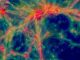 Nahaufnahme einer Galaxie, die im Rahmen der EAGLE-Simulation entstand. Die Farben blau, grün und rot stehen für steigende Temperaturen der Gase. (Durham University)