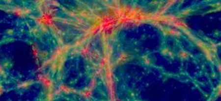 Nahaufnahme einer Galaxie, die im Rahmen der EAGLE-Simulation entstand. Die Farben blau, grün und rot stehen für steigende Temperaturen der Gase. (Durham University) Nahaufnahme einer Galaxie, die im Rahmen der EAGLE-Simulation entstand. Die Farben blau, grün und rot stehen für steigende Temperaturen der Gase. (Durham University)