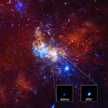 Dieses Bild zeigt das supermassive Schwarze Loch im Zentrum unserer Galaxie vor und nach dem starken Röntgenausbruch. (NASA / CXC / Northwestern Univ. / D.Haggard et al.) Dieses Bild zeigt das supermassive Schwarze Loch im Zentrum unserer Galaxie vor und nach dem starken Röntgenausbruch. (NASA / CXC / Northwestern Univ. / D.Haggard et al.)
