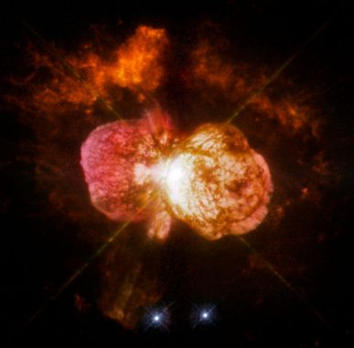 In den 1840er Jahren beobachtete man im Doppelsternsystem Eta Carinae eine starke Eruption, die den hier abgebildeten Homunkulusnebel erschuf. (NASA, ESA, and the Hubble SM4 ERO Team)