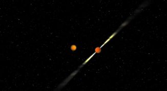 Computerbasierte Darstellung des Pulsar-Doppelsternsystems PSR J1906+0746. (Joeri van Leeuwen / ASTRON)