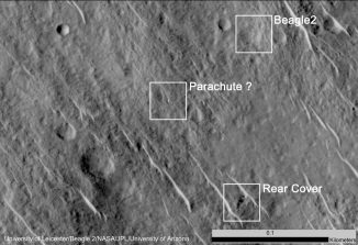 Dieses Bild der HiRISE-Kamera zeigt die Objekte, die als Hardware des verschollenen Mars-Landers Beagle 2 interpretiert werden. (NASA / JPL-Caltech / Univ. of Arizona / University of Leicester)