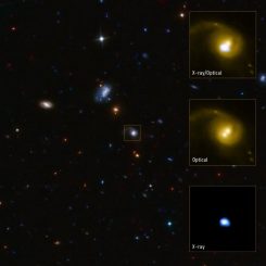 Die Galaxie in der Bildmitte enthält eine Röntgenquelle namens CID-42. Sie könnte das Ergebnis einer Verschmelzung zweier supermassiver Schwarzer Löcher sein und wird mit einer Geschwindigkeit von mehreren Millionen Kilometern pro Stunde aus ihrer Galaxie herauskatapultiert. (X-ray: NASA / CXC / SAO / F.Civano et al; Optical: NASA / STScI; Optical (wide field): CFHT, NASA / STScI)