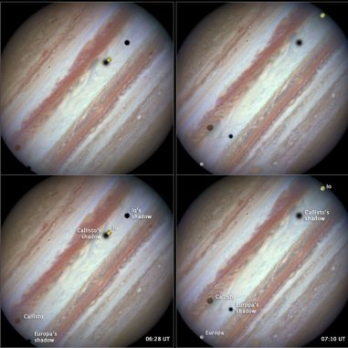 Die drei Galileischen Monde Europa, Callisto und Io vor Jupiter. Ganymed ist hier nicht sichtbar. (NASA, ESA, and the Hubble Heritage Team (STScI / AURA))