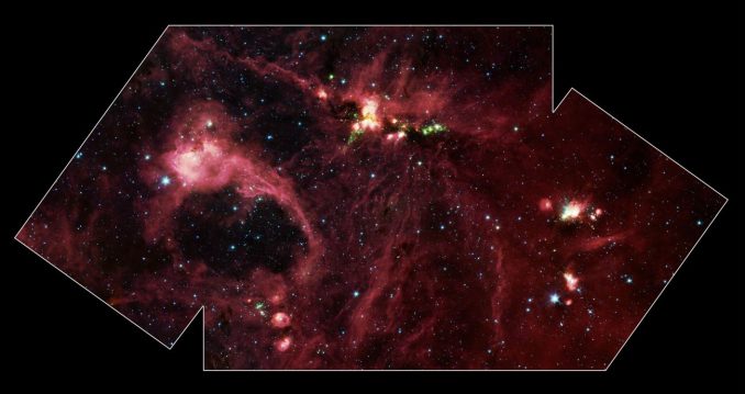 Aufnahme der ausgedehnten Sternentstehungsregion DR 21 vom Weltraumteleskop Spitzer. (NASA / JPL-Caltech) Aufnahme der ausgedehnten Sternentstehungsregion DR 21 vom Weltraumteleskop Spitzer. (NASA / JPL-Caltech)