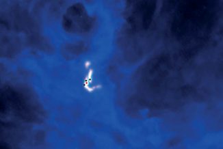 Das Bild zeigt ein junges Vierfachsternsystem in Radiowellenlängen. Astronomen haben vier einzelne Kondensationskerne in einer Gaswolke (weiß) entdeckt, die von Staub (blau) umgeben sind. Die Kondensationskerne sind mit schwarzen und roten Punkten markiert. Einer von ihnen (roter Punkt) hat sich bereits in einen Protostern entwickelt. (Nature; Pineda)