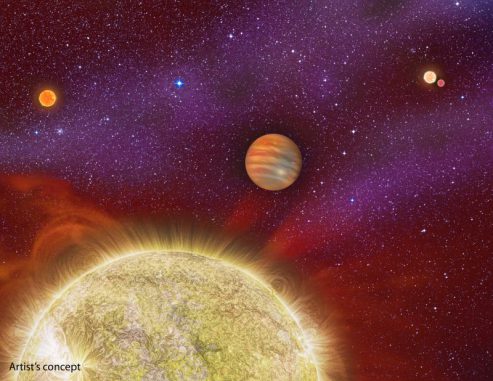 Künstlerische Darstellung des Systems 30 Ari, das aus vier Sternen und einem Planeten besteht. (Karen Teramura, UH IfA) Künstlerische Darstellung des Systems 30 Ari, das aus vier Sternen und einem Planeten besteht. (Karen Teramura, UH IfA)