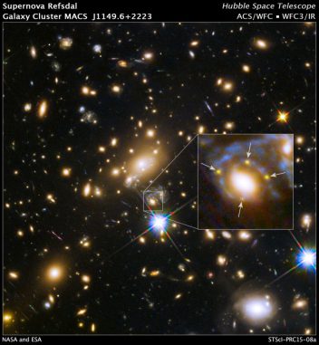 Die Gravitation eines massereichen Galaxienhaufens führt zu den hier gekennzeichneten Mehrfachbildern einer Supernova-Explosion. (NASA, ESA, and S. Rodney (JHU) and the FrontierSN team; T. Treu (UCLA), P. Kelly (UC Berkeley), and the GLASS team; J. Lotz (STScI) and the Frontier Fields team; M. Postman (STScI) and the CLASH team; and Z. Levay (STScI)) Die Gravitation eines massereichen Galaxienhaufens führt zu den hier gekennzeichneten Mehrfachbildern einer Supernova-Explosion. (NASA, ESA, and S. Rodney (JHU) and the FrontierSN team; T. Treu (UCLA), P. Kelly (UC Berkeley), and the GLASS team; J. Lotz (STScI) and the Frontier Fields team; M. Postman (STScI) and the CLASH team; and Z. Levay (STScI))