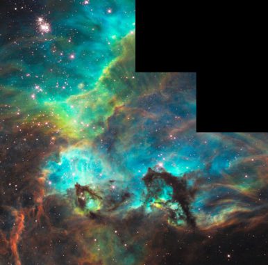 Der Sternhaufen NGC 2074 (oben links) in der Großen Magellanschen Wolke und seine Umgebung. (NASA, ESA, and the Hubble Heritage Team (STScI / AURA)