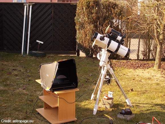 Das Setup für die Sonnenfinsternis: Ein 130/650-Newton-Spiegelteleskop (weiß) und ein Maksutov 90/1250. Die dazwischen liegende Canon EOS 700D mit 300mm-Teleobjektiv ist hier nicht so gut erkennbar. (astropage.eu)