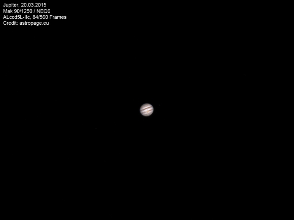 Jupiter am Abend des 20. März 2015, aufgenommen mit einem Maksutov 90/1250. (astropage.eu)