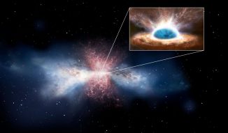 Künstlerische Darstellung einer Galaxie, die ihres interstellaren Gases durch starke Abströmungen beraubt wird. Neue Beobachtungen haben einen Wind identifiziert, der von der Akkretionsscheibe eines Schwarzen Lochs ausgeht und solche Abströmungen erzeugt (kleines Bild). (ESA / ATG Medialab)