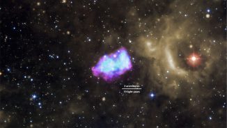 Der Supernova-Überrest 3C 397, basierend auf Beobachtungsdaten des Röntgenobservatoriums Chandra (violett) und Suzaku (blau). Eine neue Studie deutet darauf hin, dass die Supernova aus einem einzigen Weißen Zwerg hervorging, der Materie von einem Begleitstern abzog. (NASA / Suzaku and NASA / CXC, DSS, and NASA / JPL-Caltech)