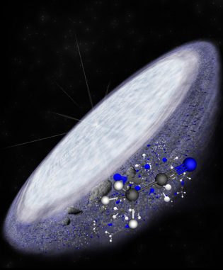 Illustration der protoplanetaren Scheibe um den jungen Stern MWC 480. ALMA hat das komplexe, organische Molekül Methylcyanid in den äußeren Bereichen der Scheibe registriert. (B. Saxton (NRAO / AUI / NSF))