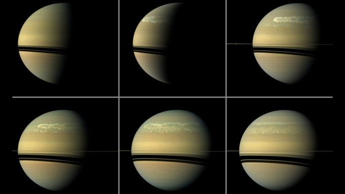 Diese Bildserie der NASA-Raumsonde Cassini zeigt die Entwicklung eines riesigen Sturms des Typs, der auf Saturn etwa alle 30 Jahre auftritt. (NASA / JPL-Caltech / SSI) Diese Bildserie der NASA-Raumsonde Cassini zeigt die Entwicklung eines riesigen Sturms des Typs, der auf Saturn etwa alle 30 Jahre auftritt. (NASA / JPL-Caltech / SSI)
