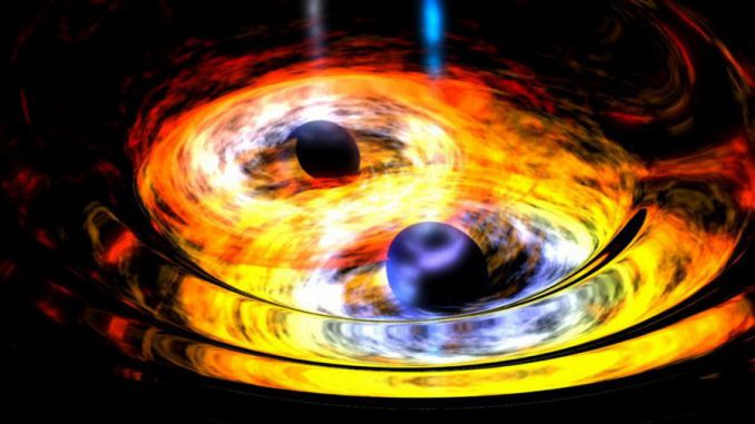 Eine frühere Illustration zweier Schwarzer Löcher, die gravitativ aneinander gebunden sind. (NASA)