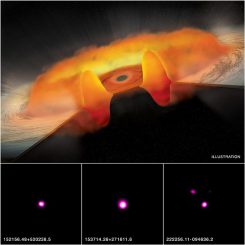 Illustration einer dicken, torusförmigen Materiescheibe um ein supermassives Schwarzes Loch. Die drei Einzelbilder unten sind Chandra-Aufnahmen von drei Quasaren, die im Rahmen der Studie untersucht wurden. (X-ray: NASA / CXC / Penn State / B.Luo et al.; Illustration: NASA / CXC / M.Weiss)