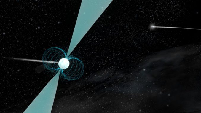 Künstlerische Darstellung des Pulsars PSR J1930-1852 im Orbit um einen anderen Neutronenstern. Die Objekte in diesem System haben den größten Abstand, der je in einem Doppelneutronensternsystem beobachtet wurde. (B. Saxton (NRAO / AUI / NSF))