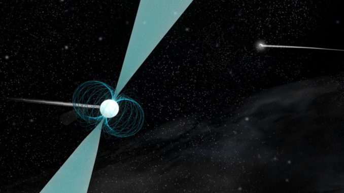 Künstlerische Darstellung des Pulsars PSR J1930-1852 im Orbit um einen anderen Neutronenstern. Die Objekte in diesem System haben den größten Abstand, der je in einem Doppelneutronensternsystem beobachtet wurde. (B. Saxton (NRAO / AUI / NSF)) Künstlerische Darstellung des Pulsars PSR J1930-1852 im Orbit um einen anderen Neutronenstern. Die Objekte in diesem System haben den größten Abstand, der je in einem Doppelneutronensternsystem beobachtet wurde. (B. Saxton (NRAO / AUI / NSF))