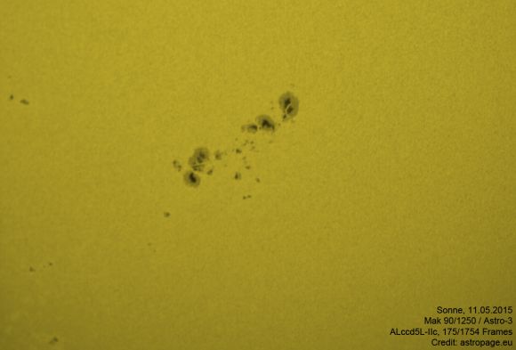 Sonnenflecken, aufgenommen mit einem Maksutov 90/1250 und einer Planetenkamera (astropage.eu)