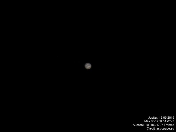 Jupiter mit dem Großen Roten Fleck, aufgenommen mit einer Planetenkamera und einem Mak 90/1250. (astropage.eu)