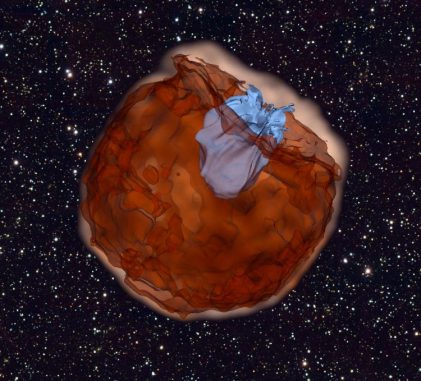 Diese Computersimulation zeigt die Überreste einer Supernova des Typs Ia (braun), die mit hohen Geschwindigkeiten von zig Millionen Kilometern pro Stunde auf ihren Begleitstern (blau) treffen. Die Interaktion erzeugt ultraviolettes Licht, während die expandierende Materie den Begleitstern einhüllt. (UC Berkeley, Daniel Kasen) Diese Computersimulation zeigt die Überreste einer Supernova des Typs Ia (braun), die mit hohen Geschwindigkeiten von zig Millionen Kilometern pro Stunde auf ihren Begleitstern (blau) treffen. Die Interaktion erzeugt ultraviolettes Licht, während die expandierende Materie den Begleitstern einhüllt. (UC Berkeley, Daniel Kasen)