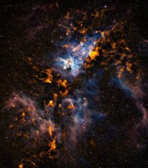 Ein Teil des Carinanebels, basierend auf optischen Daten und Beobachtungen im Submillimeterbereich. (ESO / APEX / T. Preibisch et al. (Submillimetre); N. Smith, University of Minnesota / NOAO / AURA / NSF (Optical))