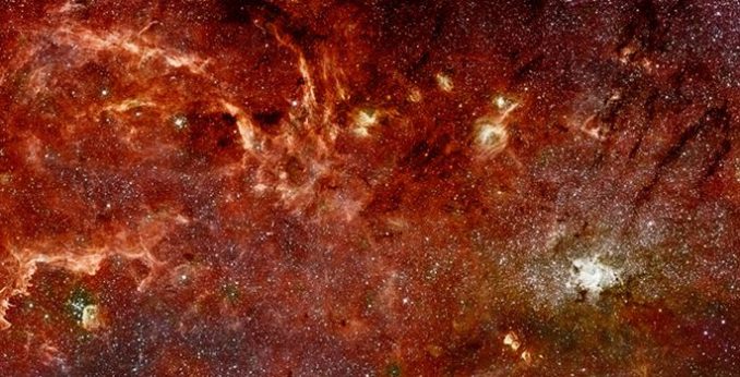 Mosaik-Aufnahme des galaktischen Zentrums, basierend auf Daten der Weltraumteleskope Hubble und Spitzer. (NASA / ESA) Mosaik-Aufnahme des galaktischen Zentrums, basierend auf Daten der Weltraumteleskope Hubble und Spitzer. (NASA / ESA)