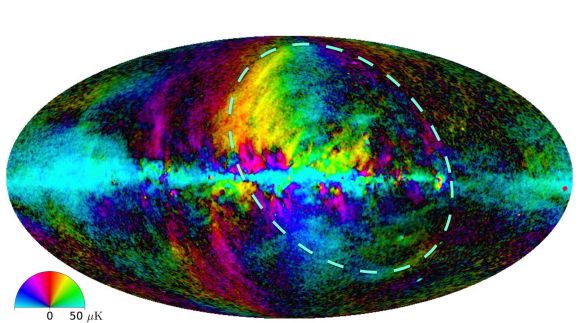 Eine Himmelskarte, erstellt mit Daten des Planck-Satelliten. Loop 1, markiert durch die gestrichelte Ellipse, ist die gelbe Struktur oberhalb des Zentrums, die ins Violette übergeht, sowie der violette Bogen unterhalb des Zentrums. Die Farben repräsentieren den Winkel des Magnetfeldes, und die Helligkeit zeigt die Signalstärke an. (M. Peel / JCBA / Planck / ESA)