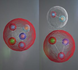 Illustration der möglichen Anordnung der Quarks in einem Pentaquark-Teilchen. Die fünf Quarks könnten eng aneinander gebunden sein (links). Sie könnten auch in einem Meson (ein Quark und ein Antiquark) und einem Baryon (drei Quarks) angeordnet sein, die schwach aneinander gebunden sind (rechts). ((c) CERN / LHCb Collaboration)