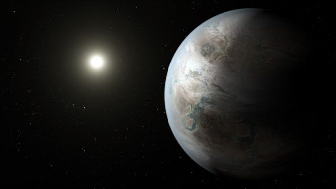 Illustration des Exoplaneten Kepler-452b im Orbit um seinen sonnenähnlichen Zentralstern Kepler-452. (NASA / JPL-Caltech / T. Pyle)