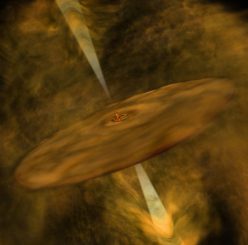Künstlerische Darstellung eines sehr jungen, gerade in der Entstehung befindlichen Braunen Zwergs mit einer Materiescheibe. An den Polen der Materiescheibe treten die Jets aus. (Bill Saxton, NRAO / AUI / NSF)