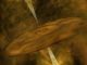 Künstlerische Darstellung eines sehr jungen, gerade in der Entstehung befindlichen Braunen Zwergs mit einer Materiescheibe. An den Polen der Materiescheibe treten die Jets aus. (Bill Saxton, NRAO / AUI / NSF)